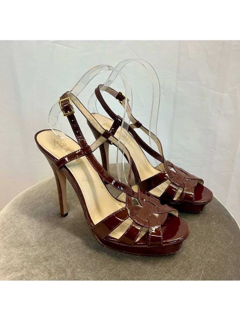 Colin Stuart burgundy patent strappy square toe platform high heel sandals Sz 9